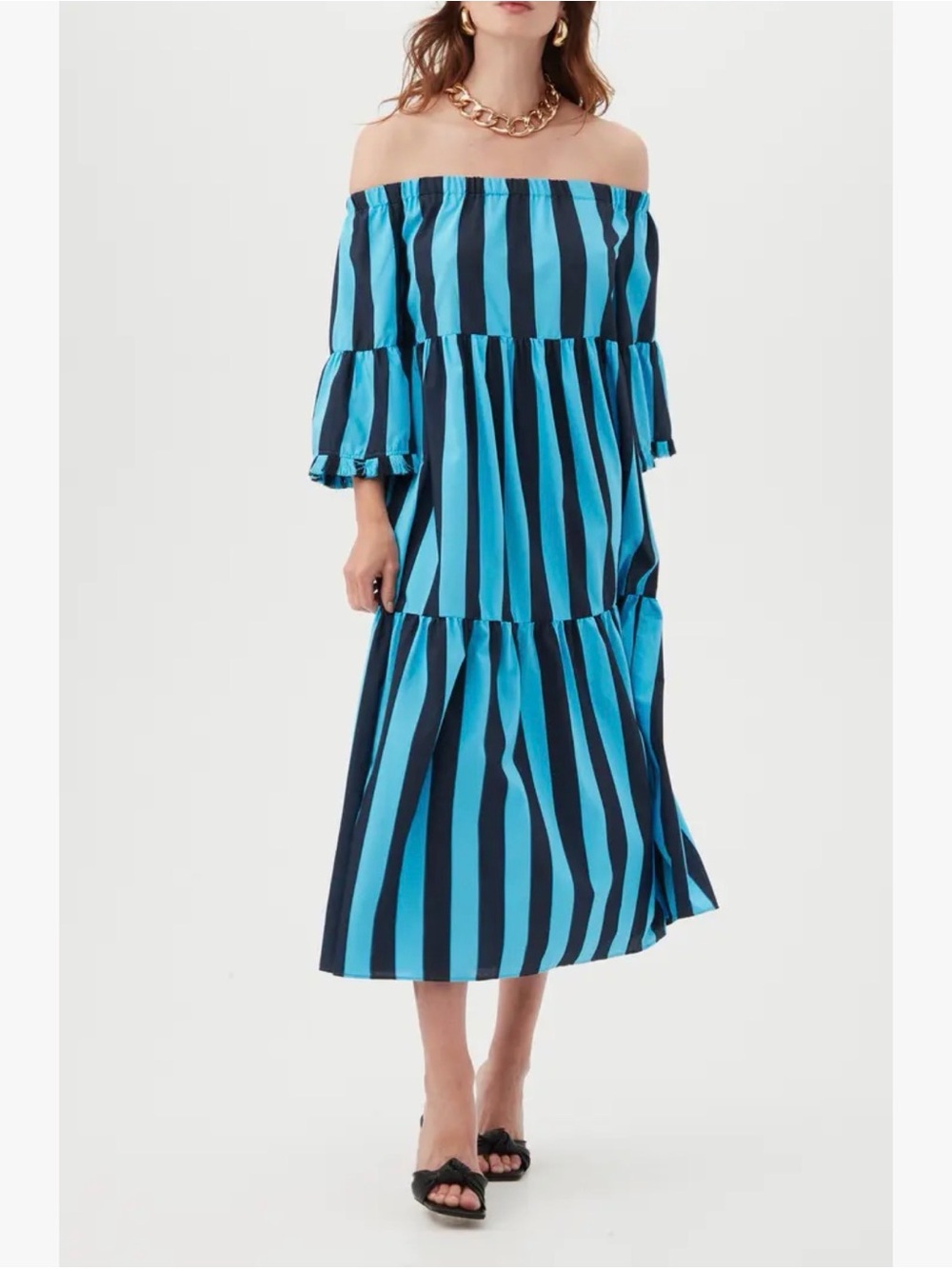 NWT Trina Turk Turquoise and Navy Off-Shoulder Striped Tiered Beach Dress, XL
